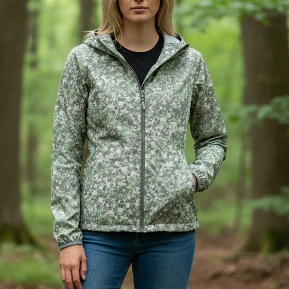 North Face Never Stop Zip Green Gray Floral Hooded Nylon Jacket Womens Small
